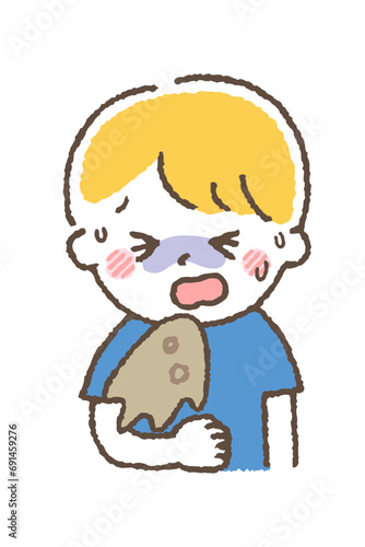 風邪をひいている子供。体調不良の症状。