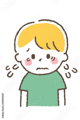 涙を流している子供。目の痒み。
