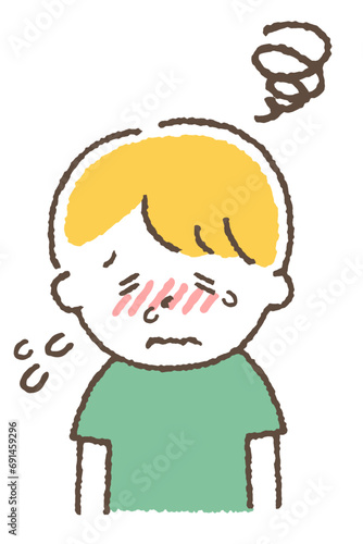 涙を流している子供。目の痒み。
