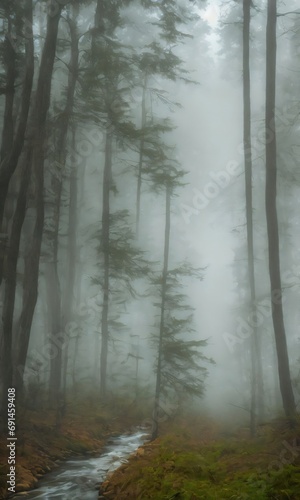 Stream Running Through A Foggy Pine Forest