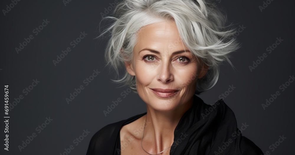 Cosmetic Joy - Happy Mature Woman Showcases Beauty and Skincare