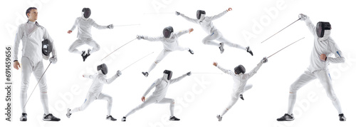 Young man in uniform and helmet, fighting with sword in fencing costume isolated over white background. Collage. Concept of sport, competition, tournament, championship, hobby