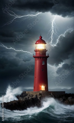 Lighthouse In A Stormy Sea At Night