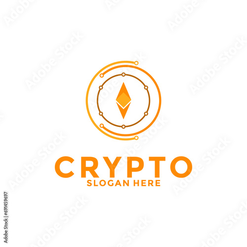Digital Crypto currency logo with Blockchain technology. Financial technology or fintech logo template
