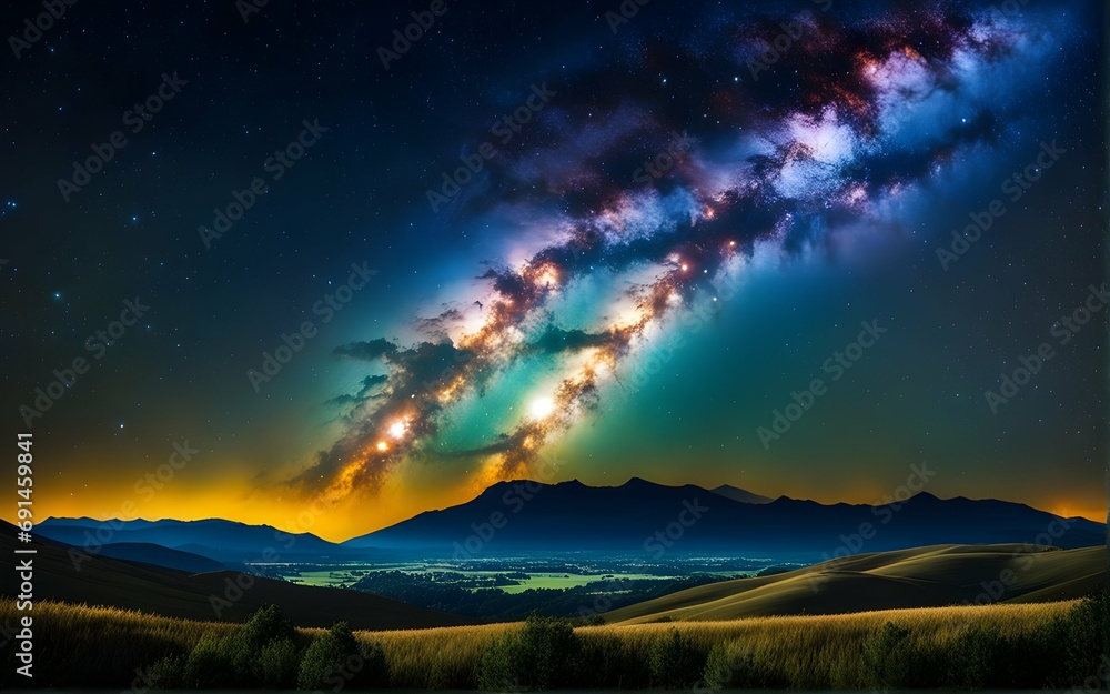 Night landscape with colorful Milky Way and yellow light at mountains. Starry sky with hills at summer. Beautiful Universe
