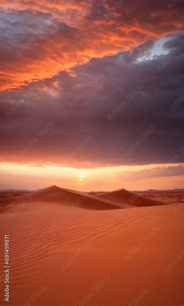 Sunset Over A Desert With Cloudy Sky