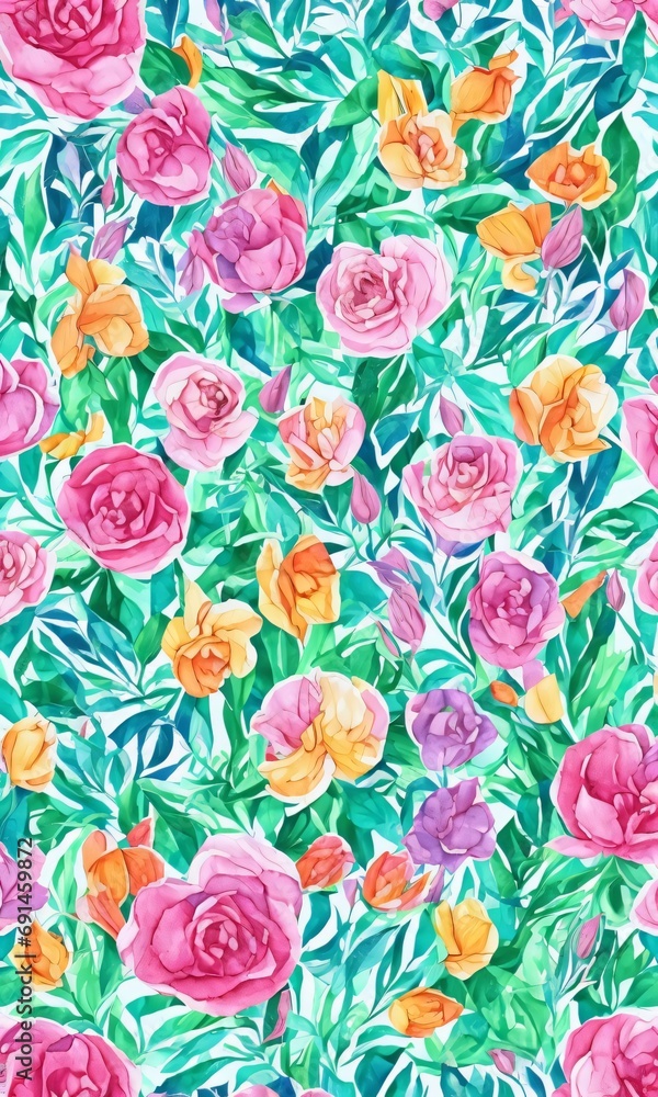 Watercolor Hand Drawn Seamless Pattern Of Flowers.