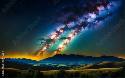 Night landscape with colorful Milky Way and yellow light at mountains. Starry sky with hills at summer. Beautiful Universe 