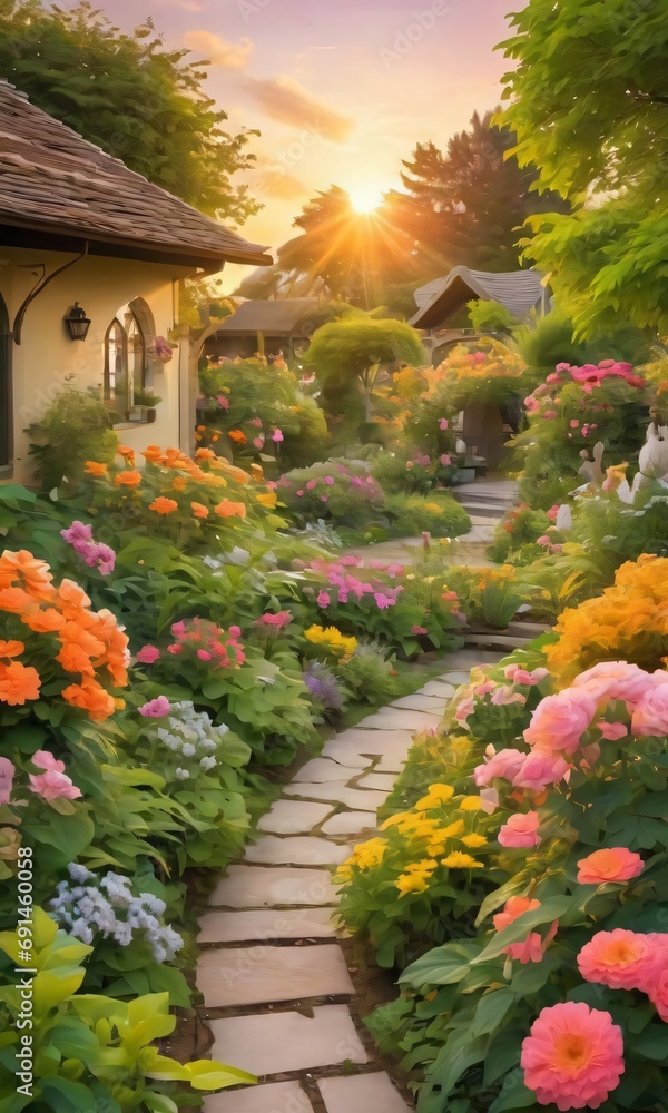 A Charming Garden Filled With Blooming Flowers And Lush Greenery, Under The Enchanting Light Of A Golden Sunset.