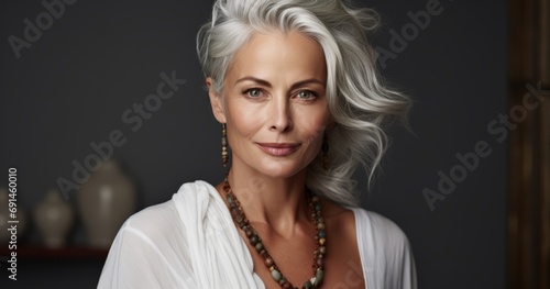 Graceful Aging - Mature Woman with Gorgeous Gray Hair and Smiling Face