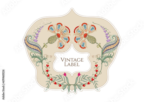 Fantasy flowers in retro, vintage, jacobean embroidery style. Border, frame, template for product label, cosmetic packaging. Vector illustration.