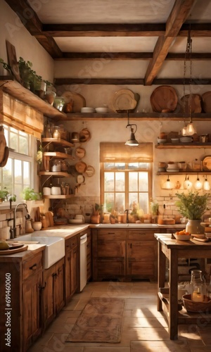 A Rustic Kitchen Featuring Wooden Elements And Vintage Decor, Enhanced By The Warm Glow Of The Evening Light.