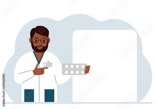 A male doctor holds pills in his hand. Large white sheet for text.