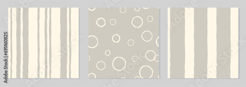 Set of three seamless colorful striped patterns. Gentle trendy abstract illustrations. Hand drawn geometric lines seamless patterns with stripe lines and dots in retro style.