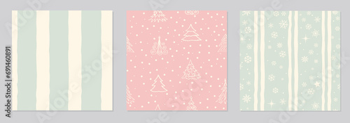 Set of snowflakes, christmas tree and stripe lines retro seamless pattern, snow background. Winter Christmas decor collection.