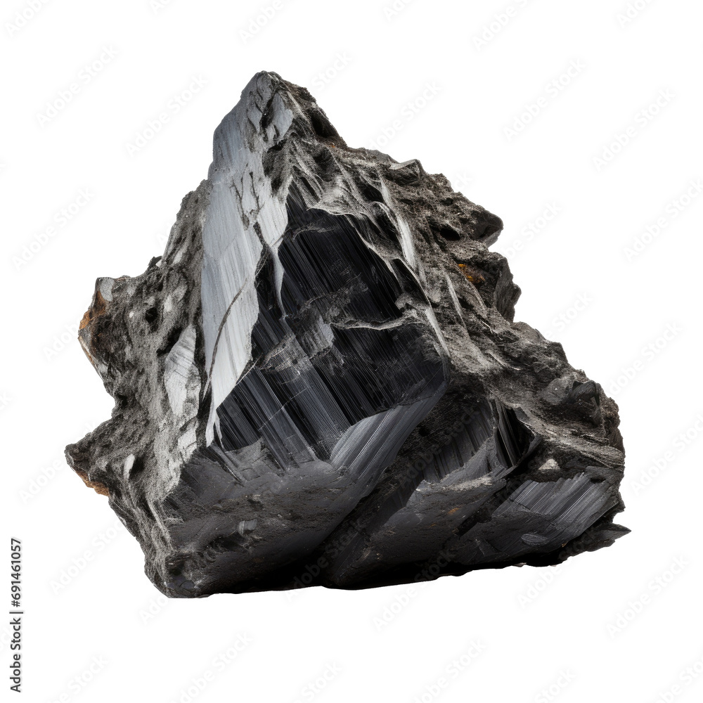 A sharp-edged black basalt crystal formation on a transparent background