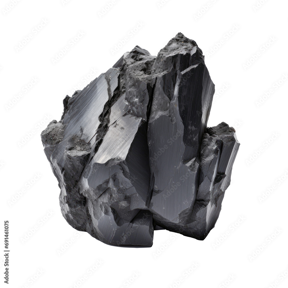 A sharp-edged black basalt crystal formation on a transparent background