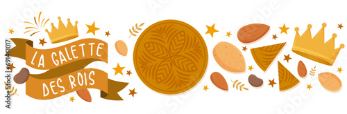 Galette des rois - Bannière festive et colorée pour la célébration de l’Épiphanie - Illustrations vectorielles éditable de galettes, couronnes, fèves et amandes - Culture et traditions de janvier