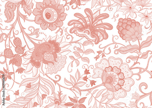 Fantasy flowers in retro  vintage  jacobean embroidery style. Seamless pattern  background. Vector illustration.