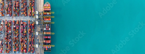 Aerial view container cargo ship at container cargo seaport terminal, Container cargo ship maritime freight shipping global business logistic import export worldwide international by container ship. photo