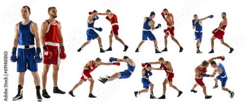 Two men, combat sport athletes, boxing, fighting isolated over white background. Martial arts, MMA. Collage. Concept of sport and competition, tournament, championship, strength and power