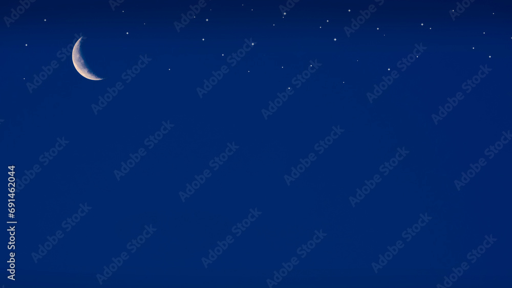 Night Sky background with Waxing Crescent Moon and many stars on Dark blue sky in widescreen view Night Sky background with Waxing Crescent Moon and many stars on Dark blue sky in widescreen view