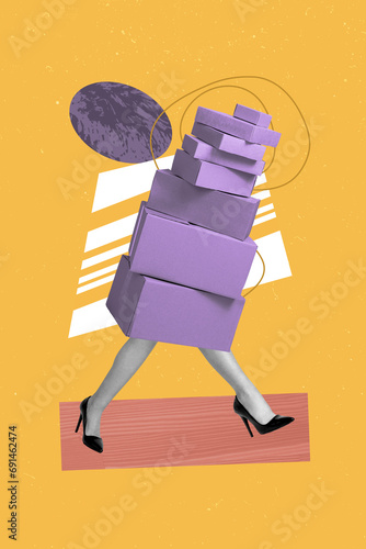 Photo collage artwork minimal picture of boxes pile walking lady legs isolated yellow color graphical background photo