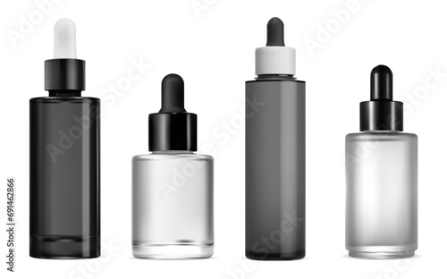 Pipette container. Serum dropper glass vial mockup. Realistic essential cosmetic oil flask. Isolated glass serum bottle, natural treatment medical drug, vector illustration. Aging collagen serum