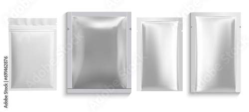Paper sachet bag. Foil pouch mockup, white glossy plastic zipper packet blank. Facial mask sheet silver sachet design, cosmetic hygiene protection container. Food polythene wrap photo