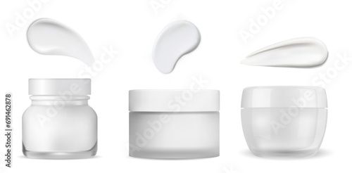 Cosmetic jar. White cream packaging with texture stroke. Realistic glass jar round vector template with smear drop. Skin care lotion bottle mockup, plastic lid. Cream jar blank for label