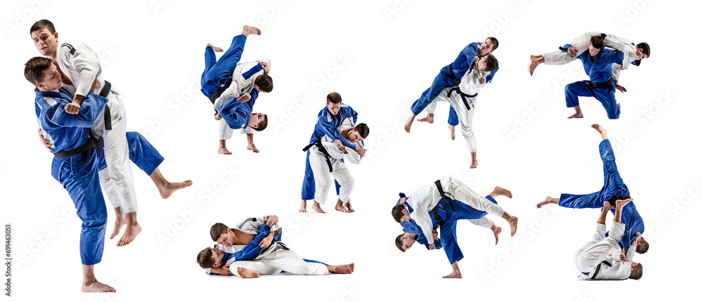 Two men in kimono, judo, taekwondo, karate athletes fighting isolated over white background. Collage. Concept of combat sport, competition, tournament, martial arts. Two men in kimono, judo, taekwondo, karate athletes fighting isolated over white background. Collage. Concept of combat sport, competition, tournament, martial arts.