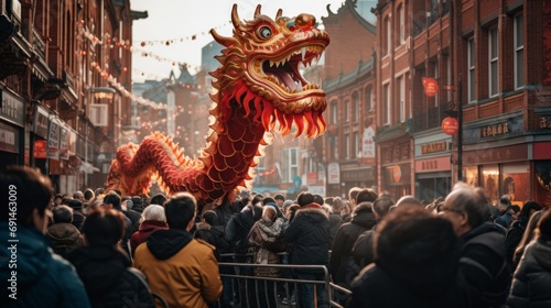 Chinese dragon dance in the Chinese new year celebration festival in chinatown streets photo