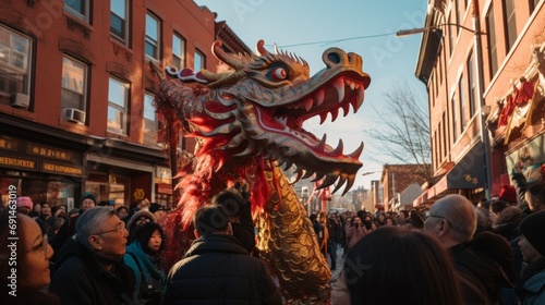 Chinese dragon dance in the Chinese new year celebration festival in chinatown streets