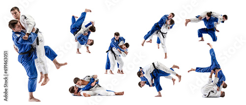 Two men in kimono  judo  taekwondo  karate athletes fighting isolated over white background. Collage. Concept of combat sport  competition  tournament  martial arts.