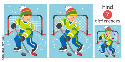 Cute young hockey player with stick plays hockey. Find differences, education game for children. Flat vector illustration with boy playing hockey at ice rink.