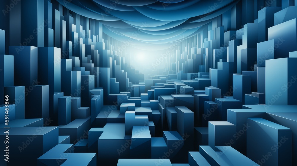 An intricate maze of mirrored cubes creates a mesmerizing tunnel of vivid blue, drawing the viewer into a hypnotic world of symmetrical art An intricate maze of mirrored cubes creates a mesmerizing tunnel of vivid blue, drawing the viewer into a hypnotic world of symmetrical art