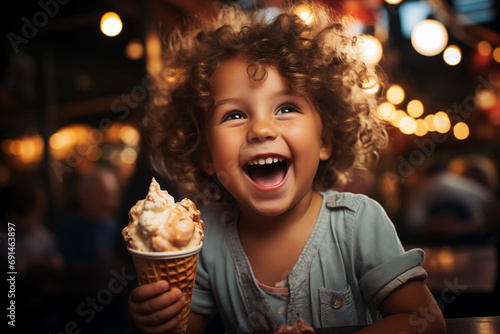 kid enjoying an ice cream cone  the dreamlike atmosphere adding a touch of sweetness and joy to the amusement park experience  luminous photo