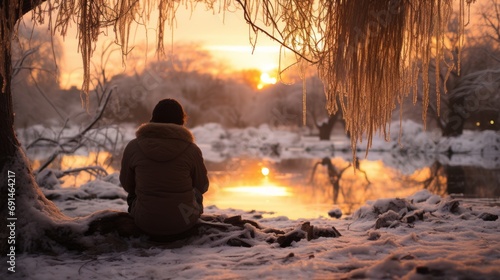 A solitary figure braves the cold, gazing in awe as the fiery sky reflects upon the frozen river, a beautiful contrast of warmth and chill in the serene winter landscape