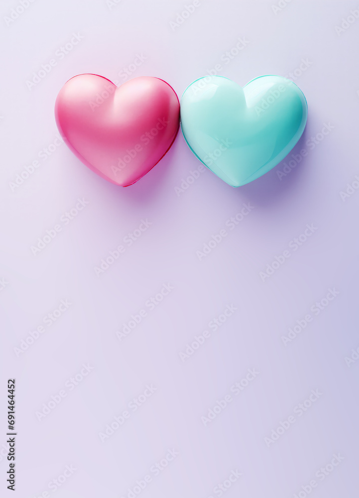 Vertical greeting card of two little pastel hearts, a symbol of a couple for Valentine's Day