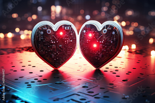 Two hearts connected with circuit board cyber network, love science