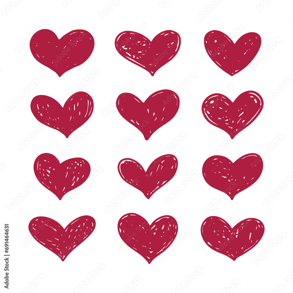 Collection of illustrated heart icons, Doodle love drawing, on white background