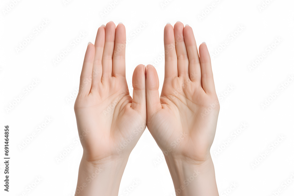 Closeup view of female hands palms isolated on white background.Two female hands in gesture of asking, praing, giving or showing something Closeup view of female hands palms isolated on white background.Two female hands in gesture of asking, praing, giving or showing something