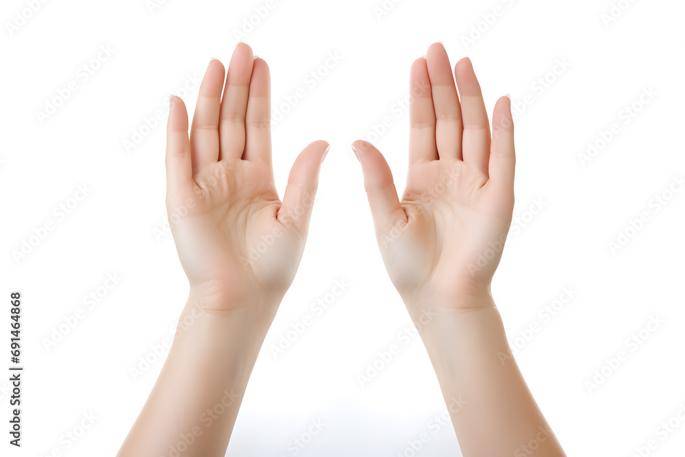 Closeup view of female hands palms isolated on white background.Two female hands in gesture of asking, praing, giving or showing something Closeup view of female hands palms isolated on white background.Two female hands in gesture of asking, praing, giving or showing something