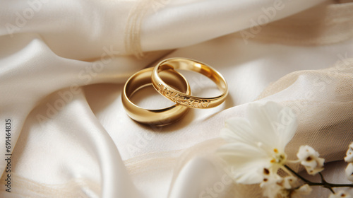 Wedding rings on silk with flowers and copy space