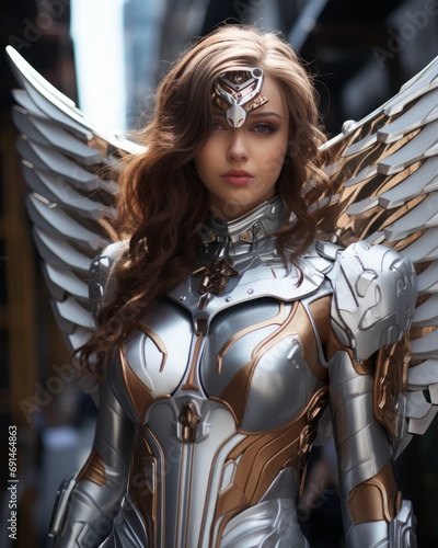 A fierce female hero donning a sleek suit of armor and latex clothing, ready to join the ranks of the avengers in her breastplate and cuirass photo
