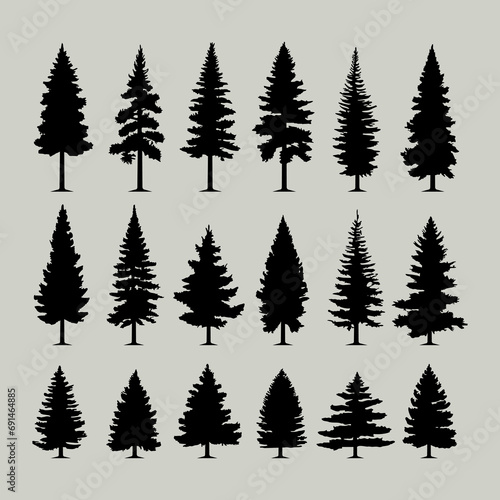 Vintage trees and forest silhouettes set  black pine woods design on white background