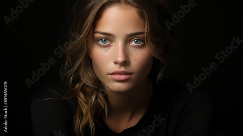 A fierce fashionista with flowing brown locks and bold black attire commands attention with her striking features and captivating gaze in this stunning portrait photography