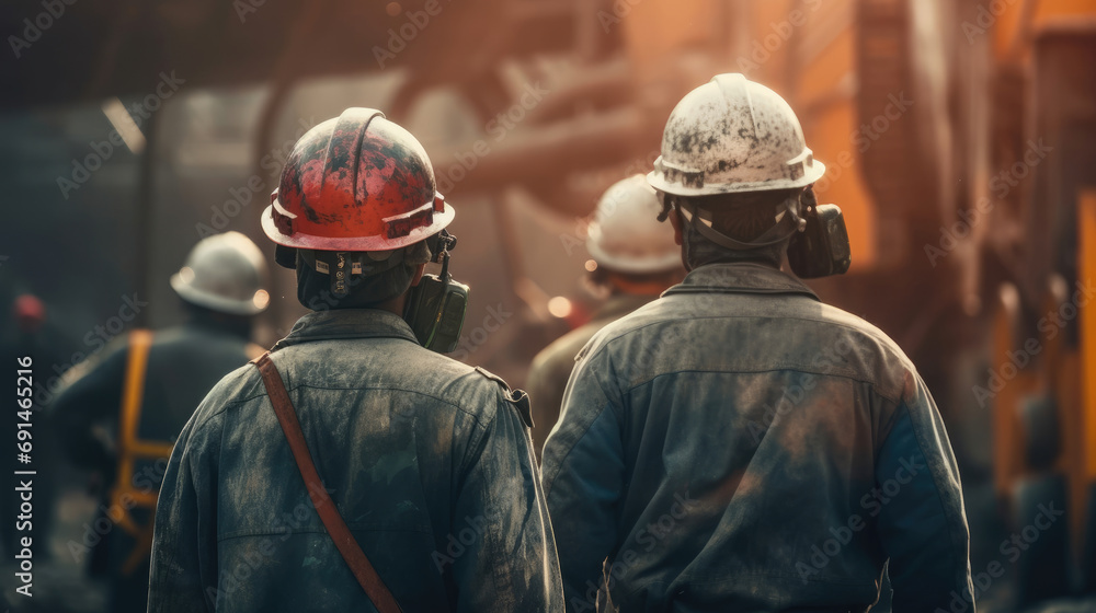 Back view of mine workers wearing helmet Back view of mine workers wearing helmet