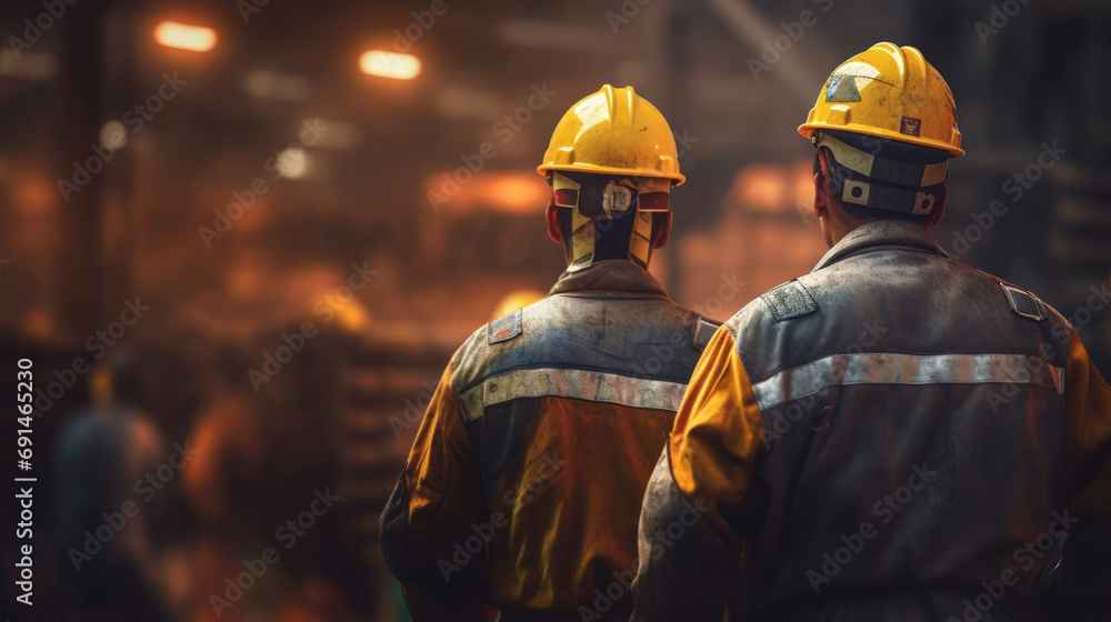 Back view of mine workers wearing helmet Back view of mine workers wearing helmet