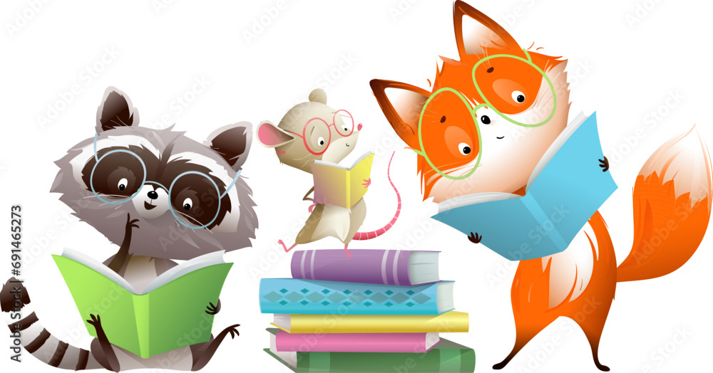 Fototapeta Cute animals reading books. Fox, raccoon and mouse studying, cartoon for children education. Funny library characters for kids. Vector hand drawn clip art illustration in watercolor style.